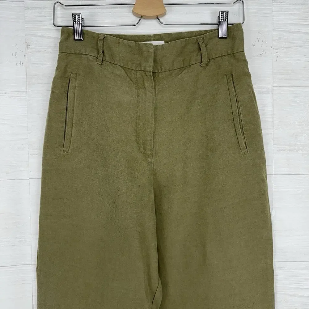 Aritzia Wilfred Trouser Pants Size 6 Olive Green High‎ Rise Linen Lyocell FLAWED